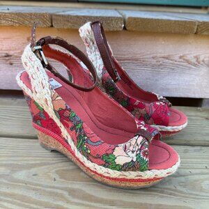 Sakroots 4-1/2" Cork Wedge Open Toe Floral Shoes